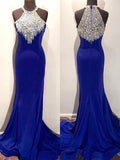 Magnifiques robes de bal sirène dos nu sans manches ornées de perles en spandex