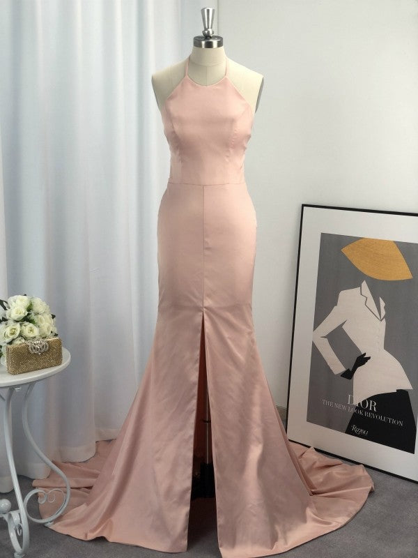 Preciosos vestidos de fiesta de satén sin mangas con escote halter estilo sirena