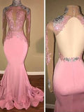 Preciosos vestidos de fiesta de sirena con cuello alto, apliques de jersey y mangas largas