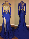 Preciosos vestidos de fiesta de sirena con cuello alto, mangas largas y apliques de spandex