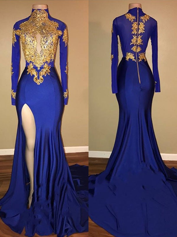 Preciosos vestidos de fiesta de sirena con cuello alto, mangas largas y apliques de spandex