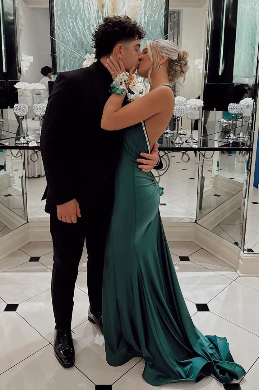 Magnifique robe de soirée longue vert chasseur à motif trompette