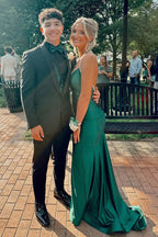 Magnifique robe de soirée longue vert chasseur à motif trompette