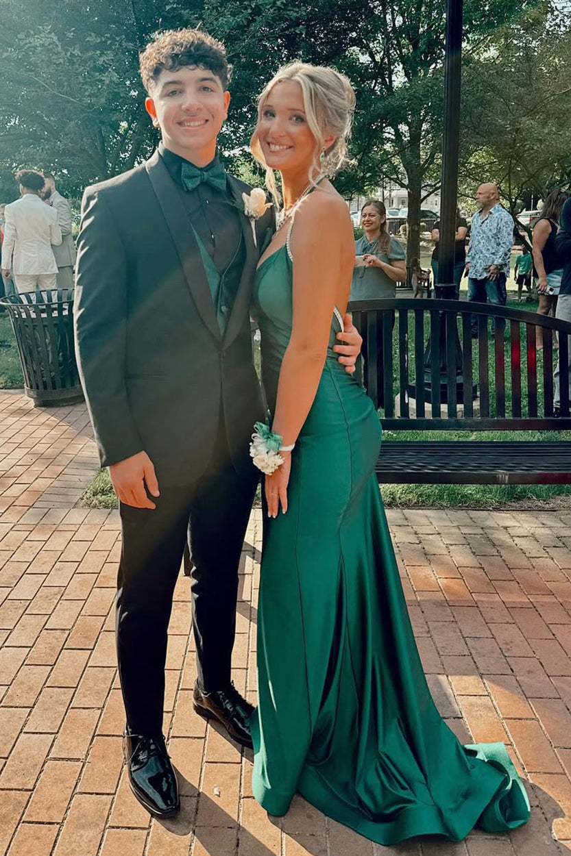 Magnifique robe de soirée longue vert chasseur à motif trompette