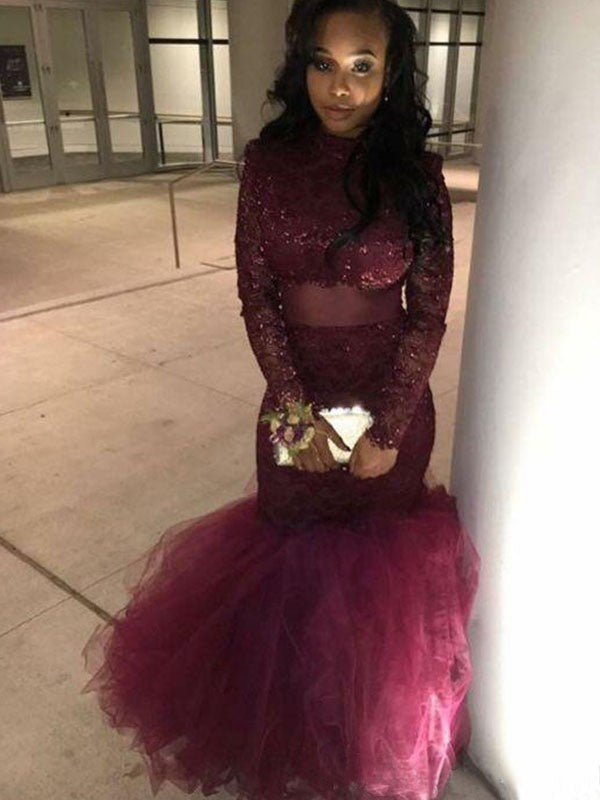 Gorgeous Mermaid Jewel Long Sleeves Applique Floor-Length Lace Prom Dresses