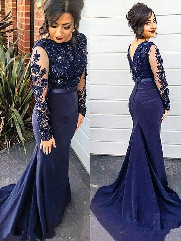 Preciosos vestidos de fiesta de talla grande con escote redondo, manga larga y encaje de sirena, estilo satén de seda.
