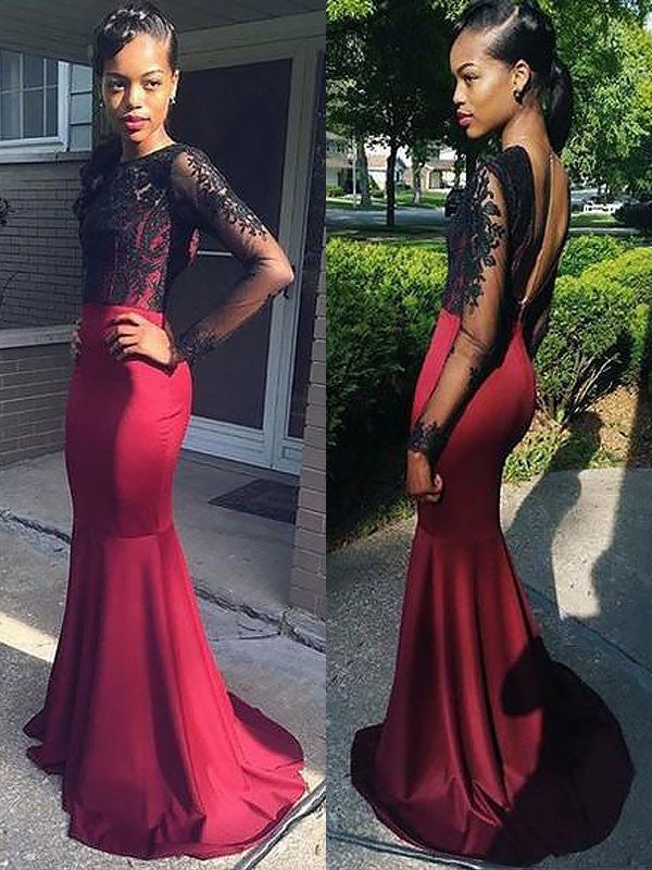 Preciosos vestidos de fiesta de sirena de manga larga con escote barco y tejido elástico de satén.