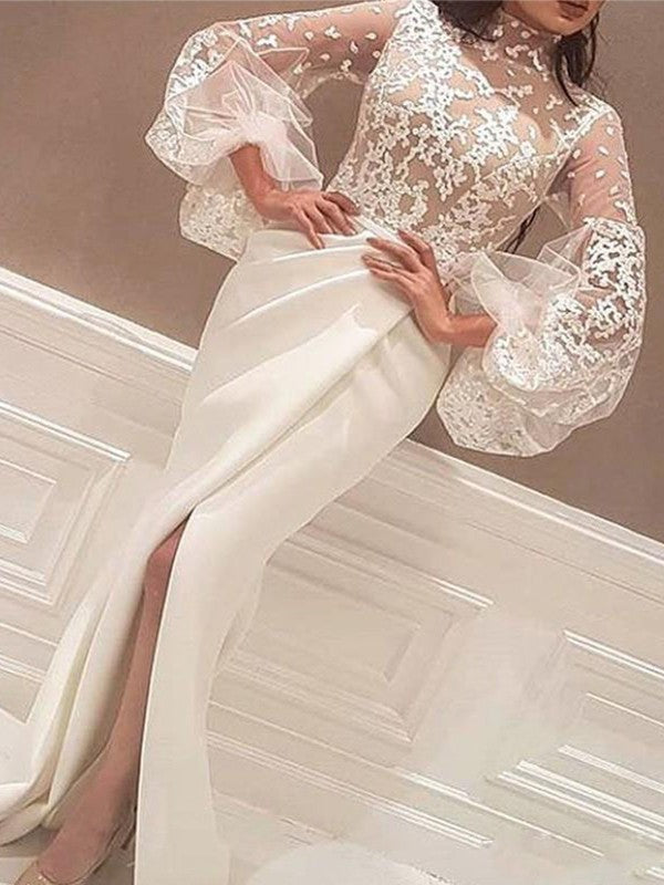 Preciosos vestidos de fiesta de sirena con mangas largas, cuello alto, encaje y crepé elástico