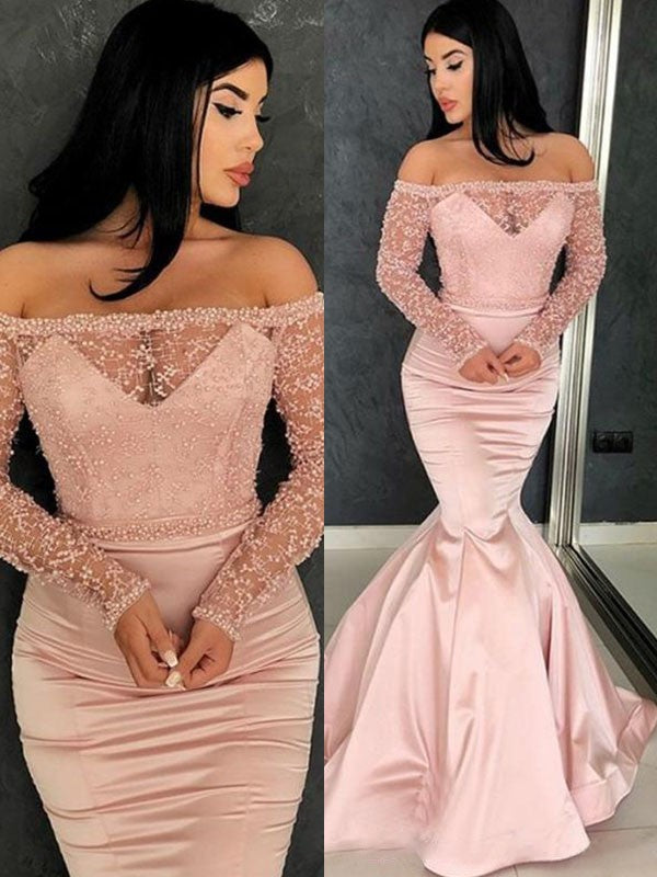 Preciosos vestidos de fiesta de satén con volantes, mangas largas estilo sirena y hombros descubiertos