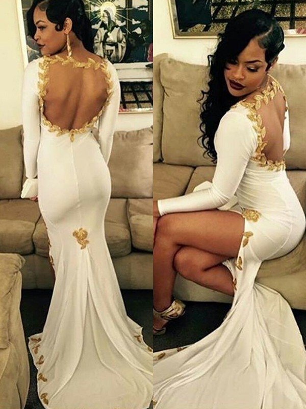 Preciosos vestidos de fiesta de sirena de manga larga con escote redondo y apliques de spandex