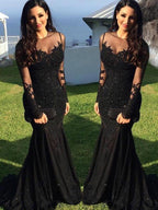 Preciosos vestidos de fiesta de sirena de manga larga con cuello transparente y apliques de spandex