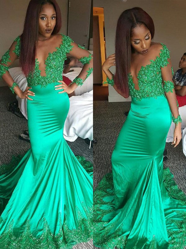 Preciosos vestidos de fiesta de sirena de manga larga con escote en V y satén con encaje.