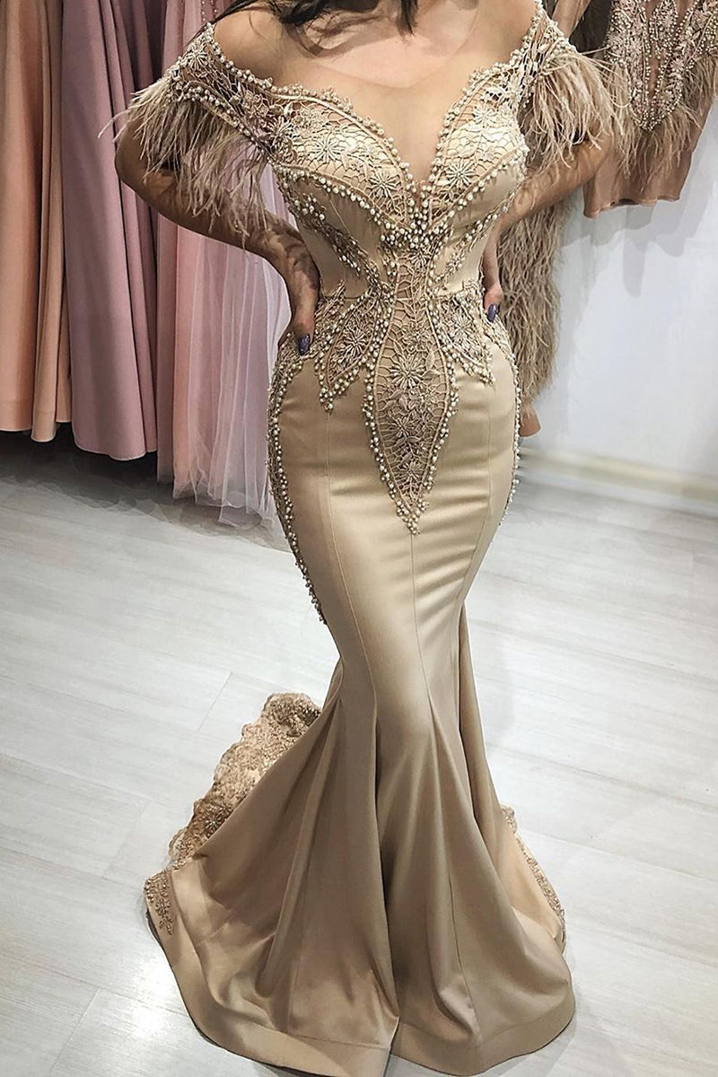 Magnifique robe de bal longue sirène à épaules dénudées et manches