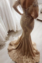 Magnifique robe de bal longue sirène à épaules dénudées et manches