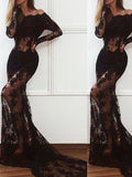 Preciosos vestidos de fiesta de encaje con mangas largas y hombros descubiertos estilo sirena