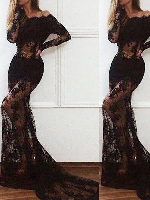 Preciosos vestidos de fiesta de encaje con mangas largas y hombros descubiertos estilo sirena