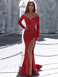 Magnifiques robes de bal sirène en satin à épaules dénudées et manches longues froncées