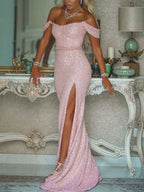 Magnifique robe de bal sirène à épaules dénudées, ornée de sequins et sans manches, avec ceinture/ruban/écharpe.