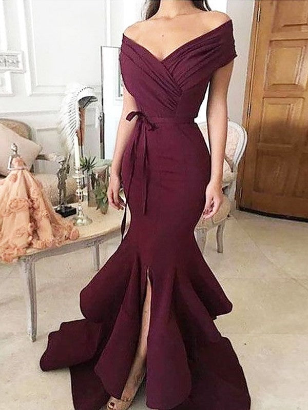 Magnifiques robes de bal sirène sans manches, épaules dénudées, en crêpe stretch froncée, longueur au sol