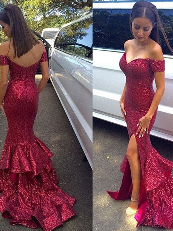 Preciosos vestidos de fiesta de sirena con lentejuelas, sin mangas y hombros descubiertos