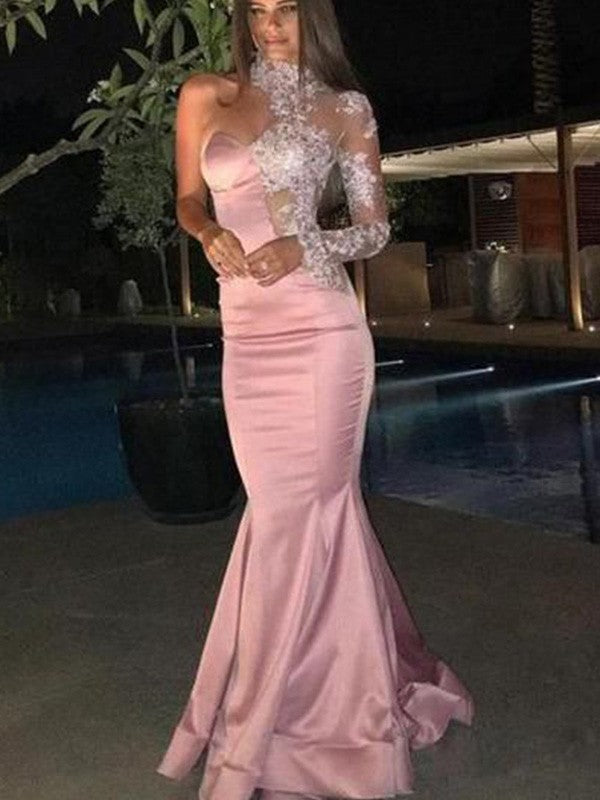 Preciosos vestidos de fiesta de sirena con apliques de satén, un solo hombro y mangas largas