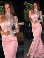 Preciosos vestidos de fiesta de sirena con apliques de satén, un solo hombro y mangas largas