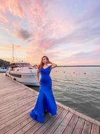 Preciosos vestidos de fiesta de sirena sin mangas con volantes de satén y hombros descubiertos