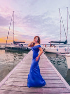 Preciosos vestidos de fiesta de sirena sin mangas con volantes de satén y hombros descubiertos