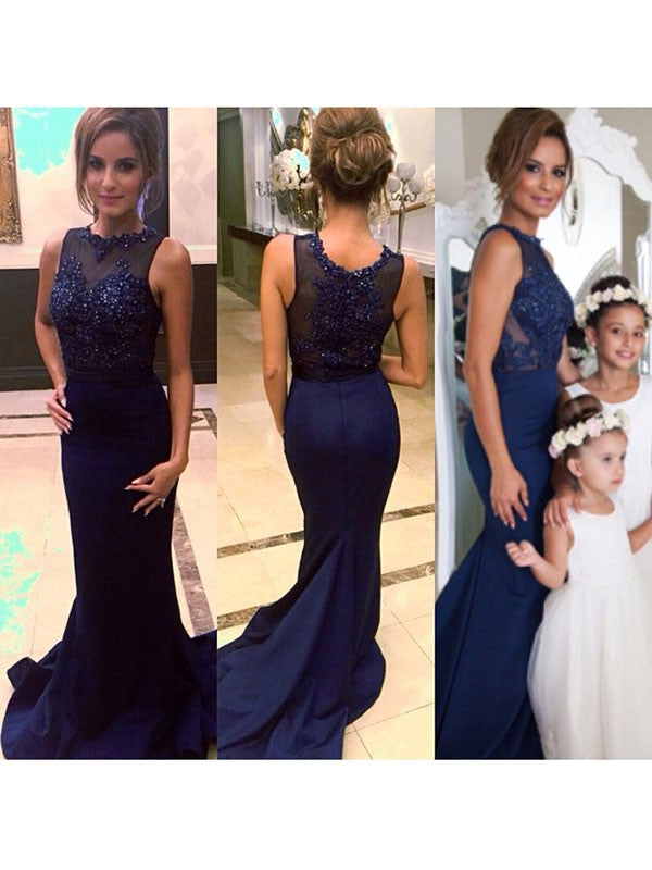 Gorgeous Mermaid Scoop Court Train Sleeveless Beading Satin Prom Dresses