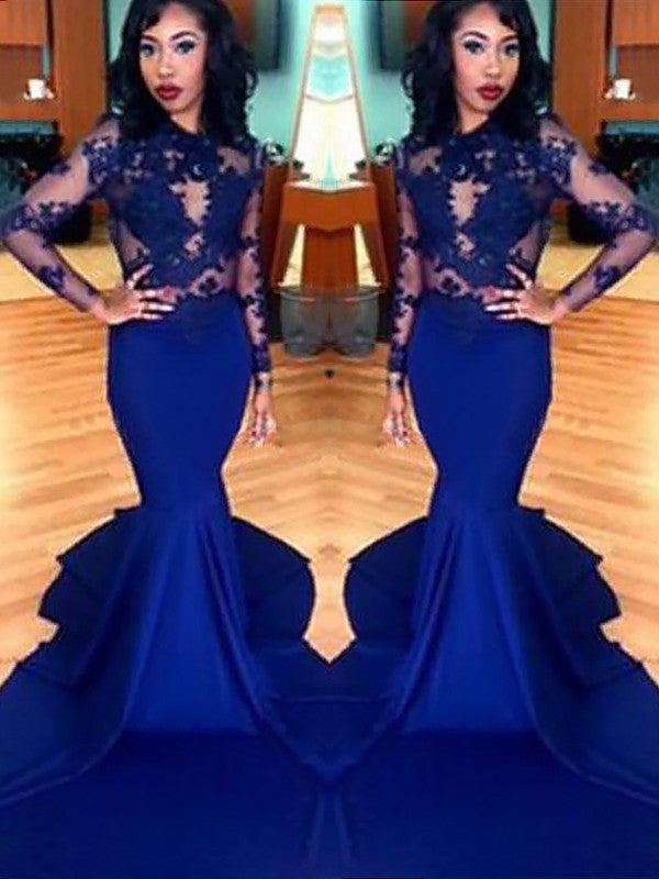 Preciosos vestidos de fiesta de sirena con escote redondo, encaje, elástico, satén tejido y mangas largas.