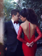 Preciosos vestidos de fiesta de crepé elástico con escote sirena, mangas largas y apliques