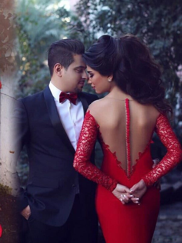 Preciosos vestidos de fiesta de crepé elástico con escote sirena, mangas largas y apliques