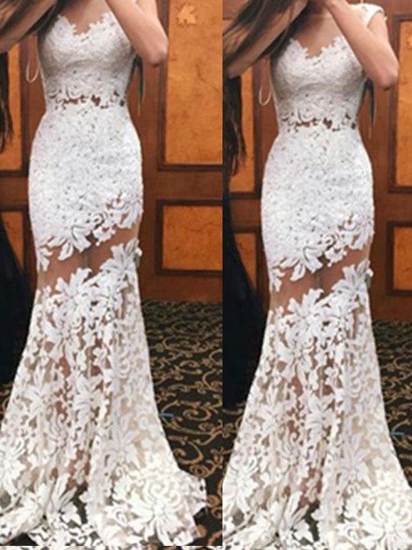 Magnifiques robes de bal sirène à col rond sans manches en dentelle