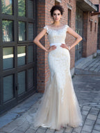 Preciosos vestidos largos de fiesta de tul con cuello transparente, apliques en el cuello y mangas cortas, estilo sirena.