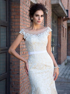 Preciosos vestidos largos de fiesta de tul con cuello transparente, apliques en el cuello y mangas cortas, estilo sirena.