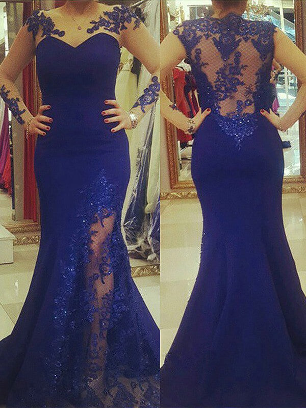 Preciosos vestidos de fiesta de talla grande con escote redondo, apliques y mangas largas, estilo sirena, de satén tipo seda.