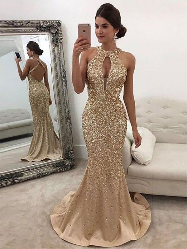 Preciosos vestidos de fiesta de sirena sin mangas con escote halter y lentejuelas en satén