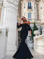 Magnifique robe de bal sirène sans manches, épaules dénudées, longueur au sol, à volants, en crêpe stretch