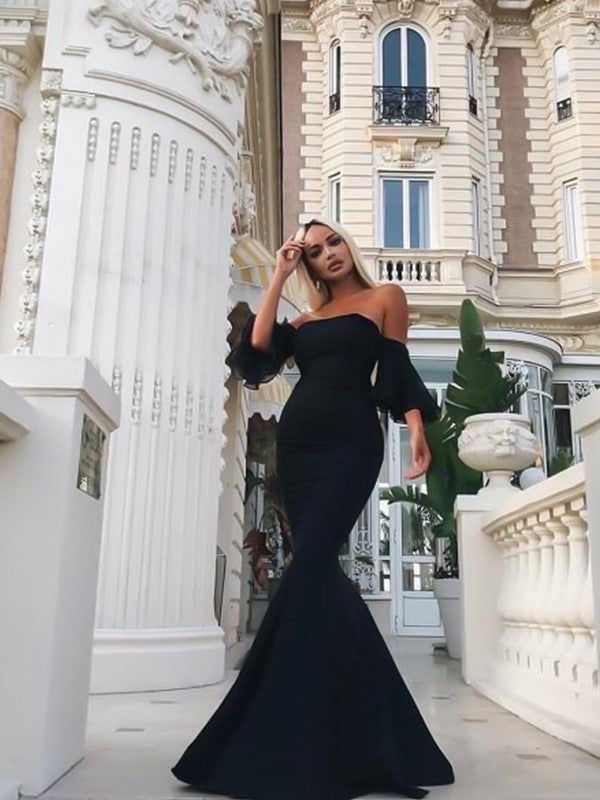 Magnifique robe de bal sirène sans manches, épaules dénudées, longueur au sol, à volants, en crêpe stretch