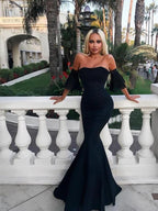 Magnifique robe de bal sirène sans manches, épaules dénudées, longueur au sol, à volants, en crêpe stretch