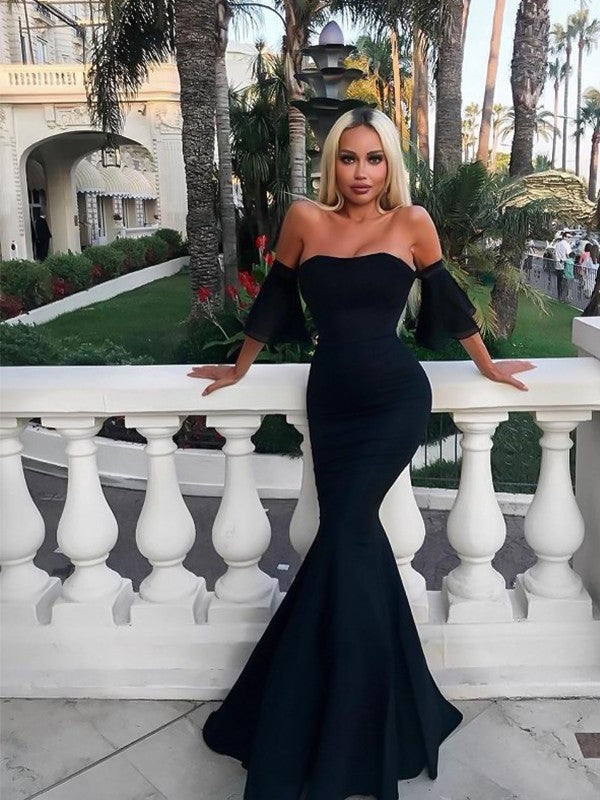 Magnifique robe de bal sirène sans manches, épaules dénudées, longueur au sol, à volants, en crêpe stretch