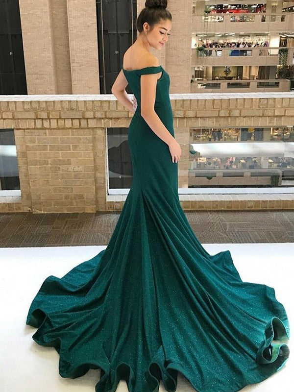 Preciosos vestidos de fiesta de sirena sin mangas con hombros descubiertos, volantes y lentejuelas