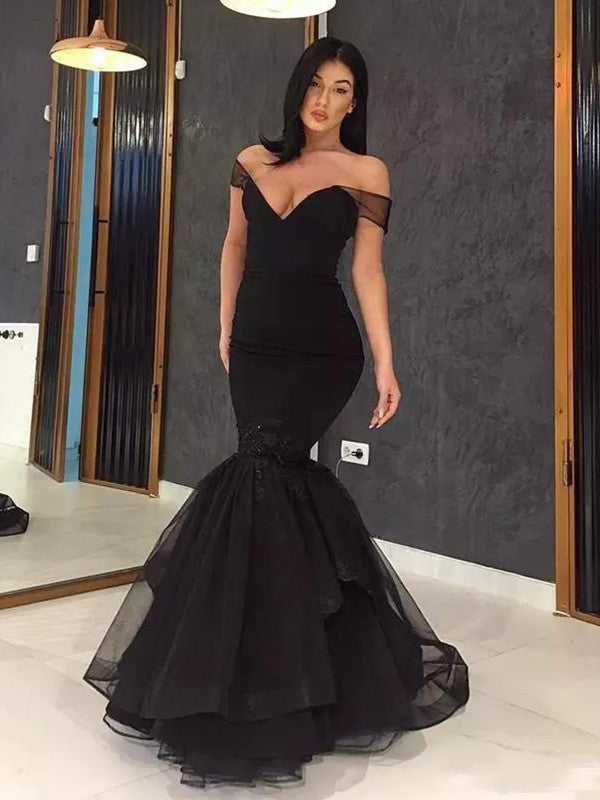 Preciosos vestidos de fiesta de sirena sin mangas con hombros descubiertos, volantes y tul