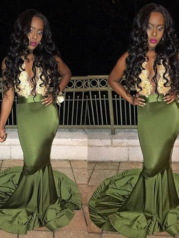 Preciosos vestidos de fiesta de satén sin mangas con escote redondo estilo sirena
