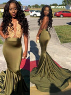 Preciosos vestidos de fiesta de satén sin mangas con escote redondo estilo sirena