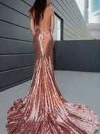 Magnifiques robes de bal sirène sans manches à sequins et volants, col en V