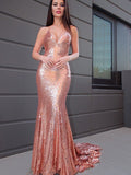 Magnifiques robes de bal sirène sans manches à sequins et volants, col en V