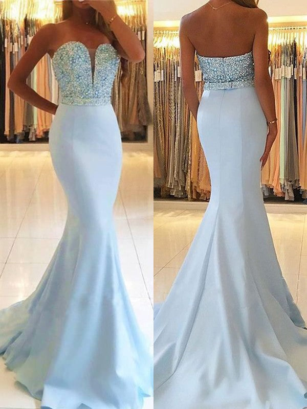 Preciosos vestidos de fiesta de satén con escote corazón y cuentas, estilo sirena, sin mangas, sin mangas.