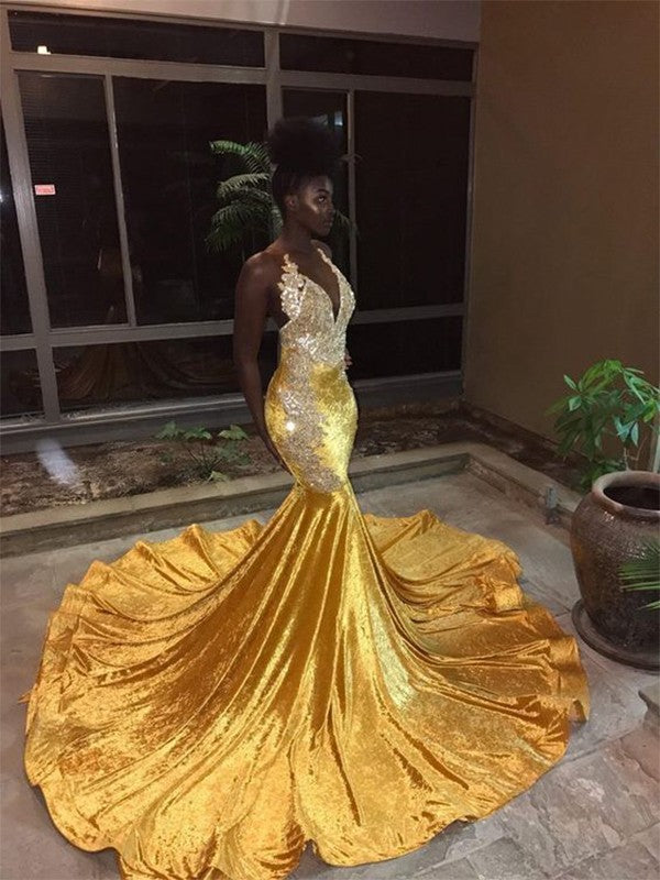 Superbes robes de bal sirène sans manches à col en V et traîne courte en dentelle et velours