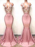 Preciosos vestidos de fiesta de sirena sin mangas con escote en V, encaje y satén